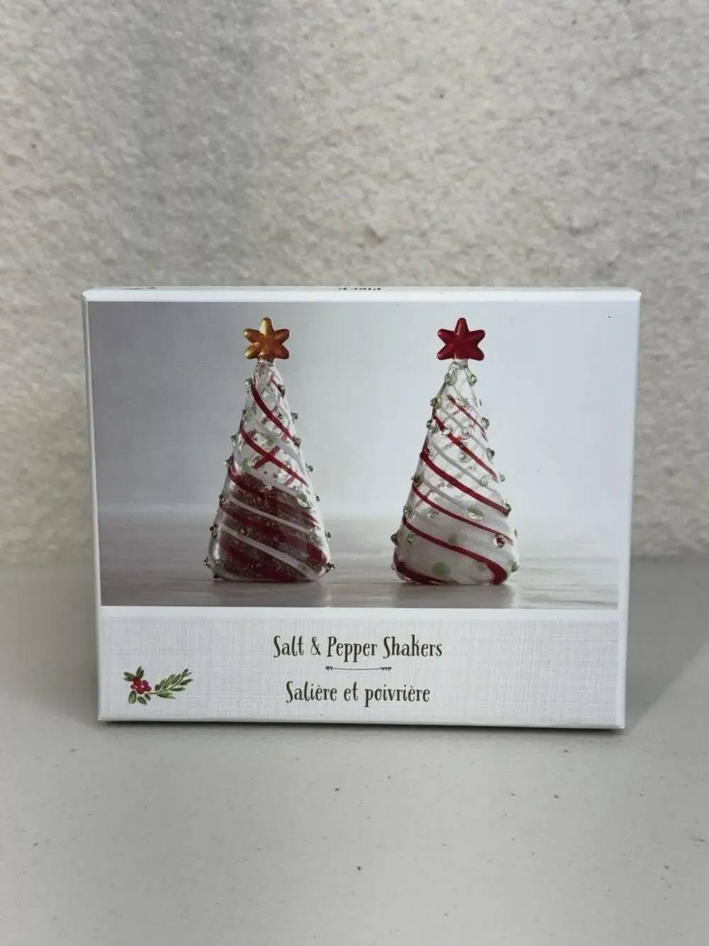 Pier 1 Christmas Tree Blown Glass Art Salt Pepper Shaker Set Holiday Decor NEW